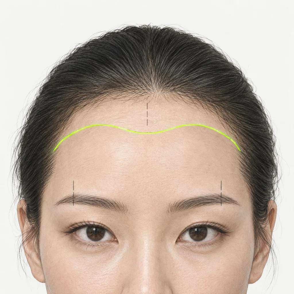 Educational illustration of a gently rounded hairline design drawn on a woman’s forehead