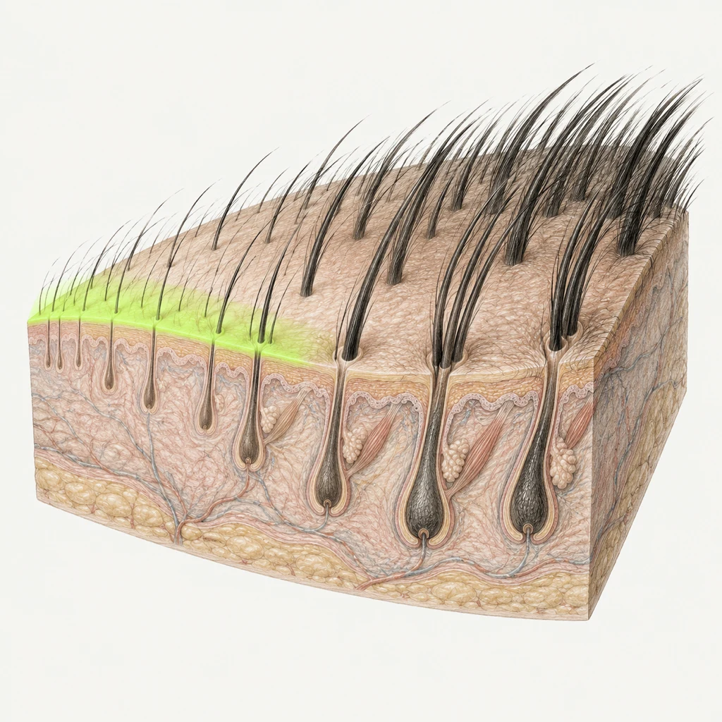 Educational scalp cutaway showing fine border hairs becoming thicker toward the inside