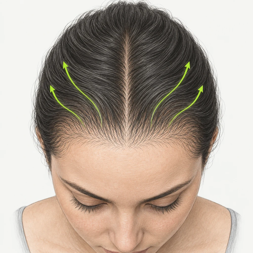 Educational illustration with arrows following the flow of the existing hair