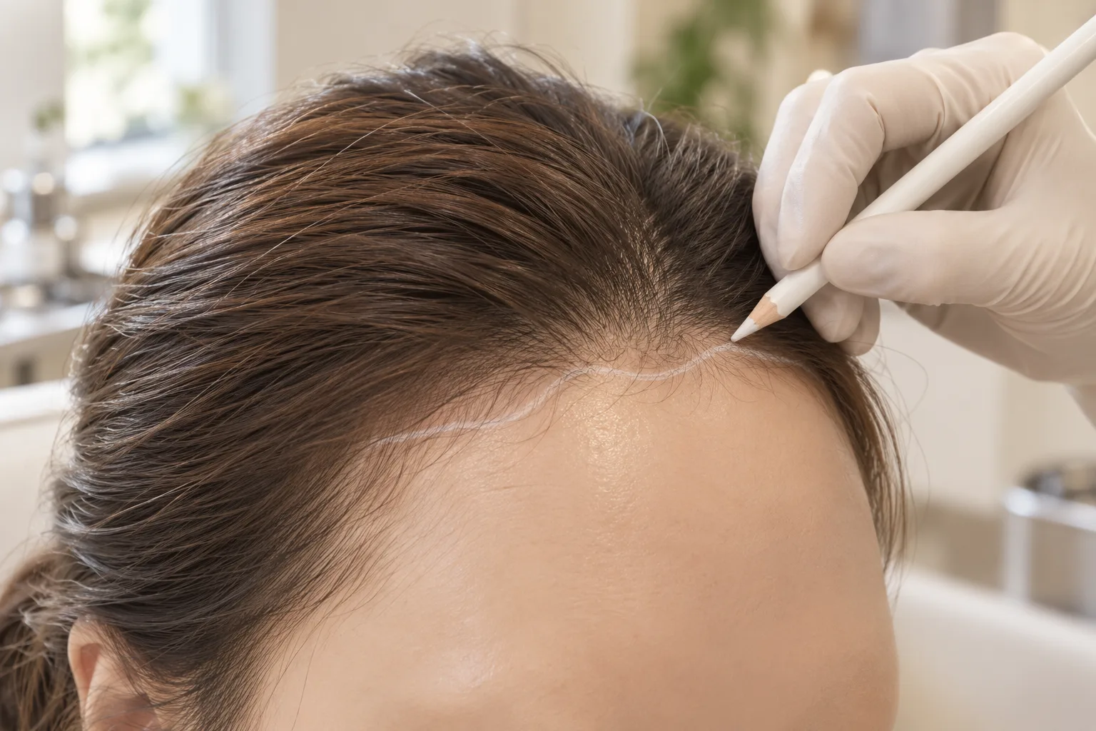 Staged drawing of design lines on a woman’s hairline, with her face outside the frame